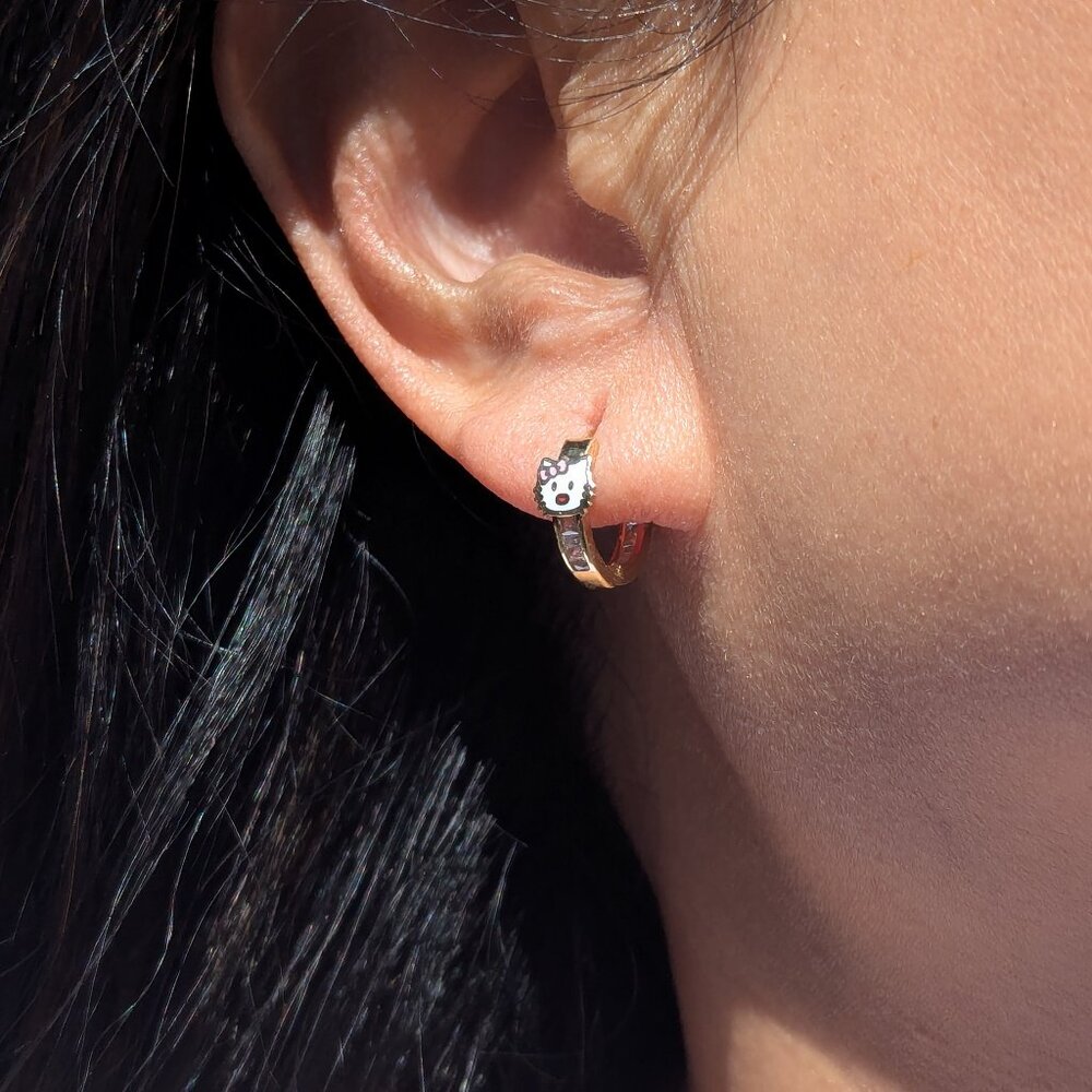 Women's 14k Gold Kitty Cat Cubic Zirconia Novelty Hoop Earrings Jewelry **
